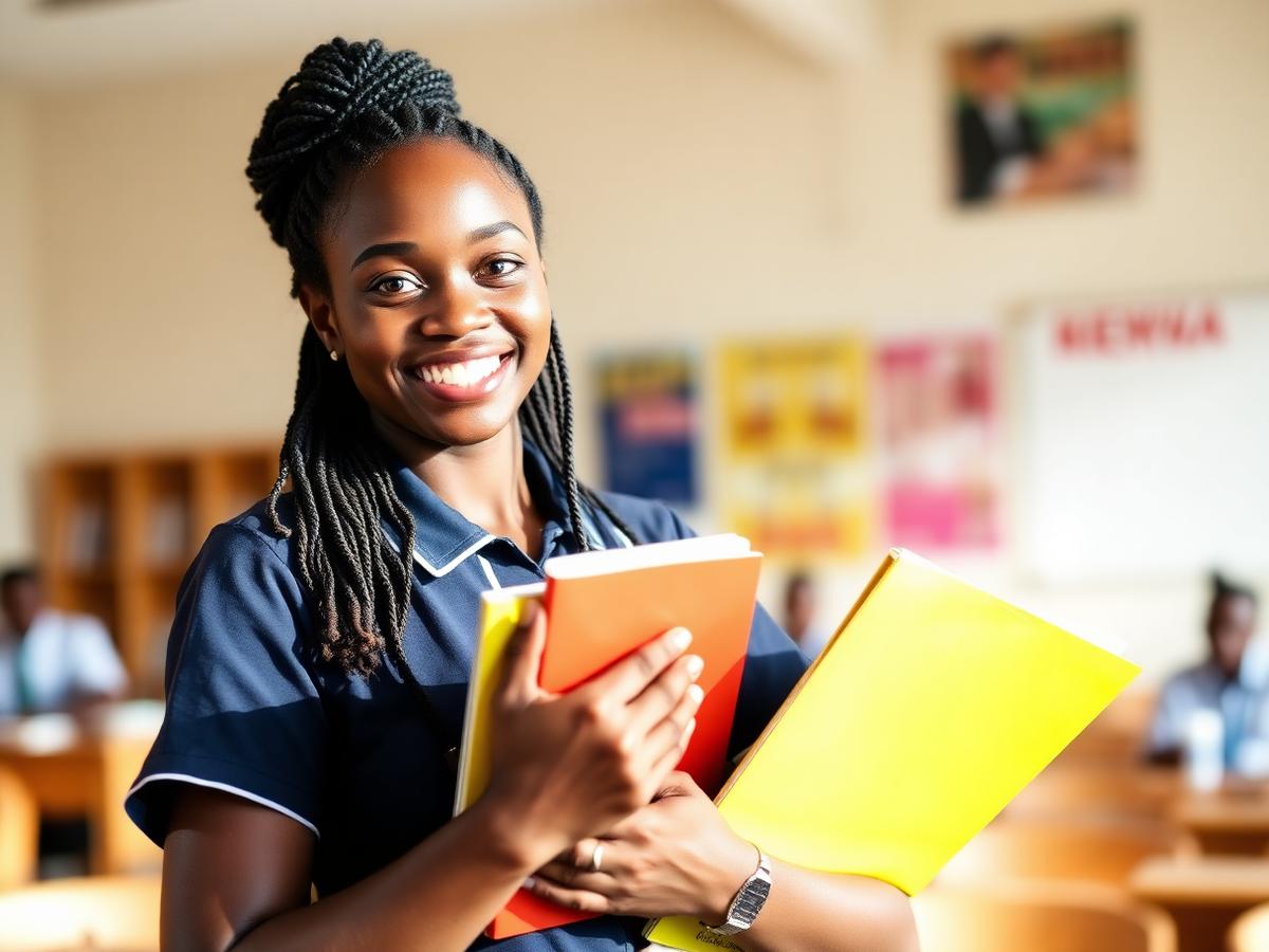 Kenyan medical training college student smiling with her books